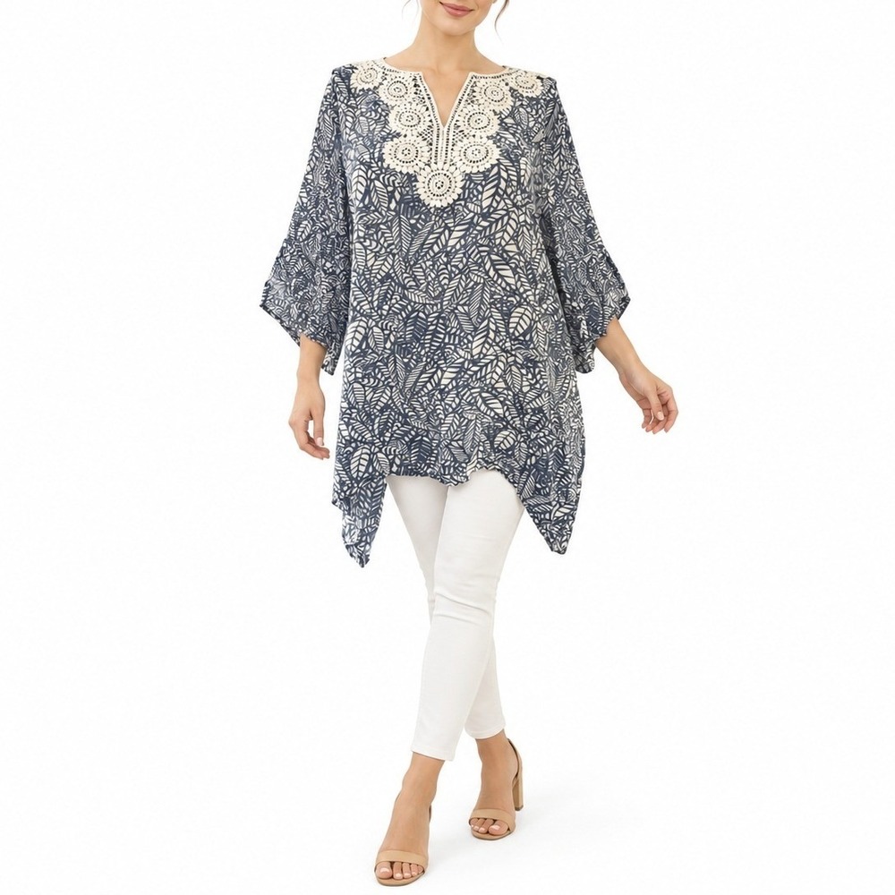 Robert Louis Tunic Womens Small Blue Leaf Print Crochet Lace Boho Beach Top